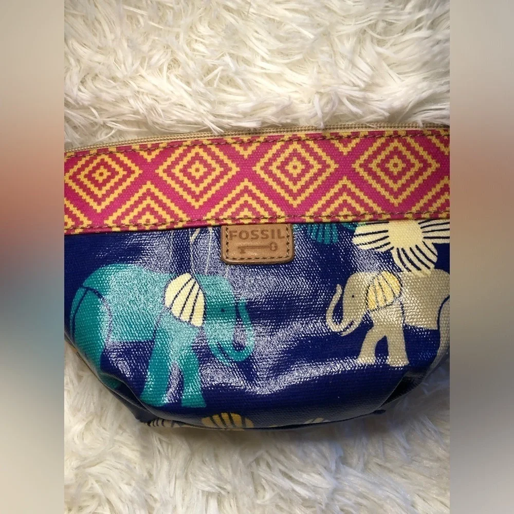 Fossil Blue Elephant Pattern Pouch with Pink Trim
